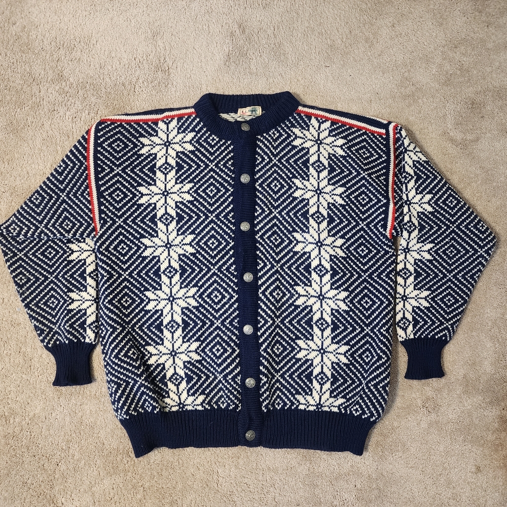 L.L. Bean Blue Cardigan Sweater with Nordic Pattern
